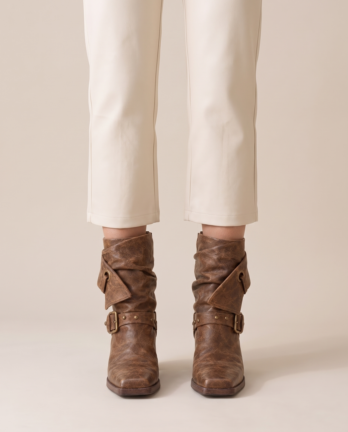 Distressed Ankle Boots with Buckle Straps — worn, studio