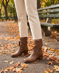 Distressed Ankle Boots with Buckle Straps — worn in Central Park in autumn