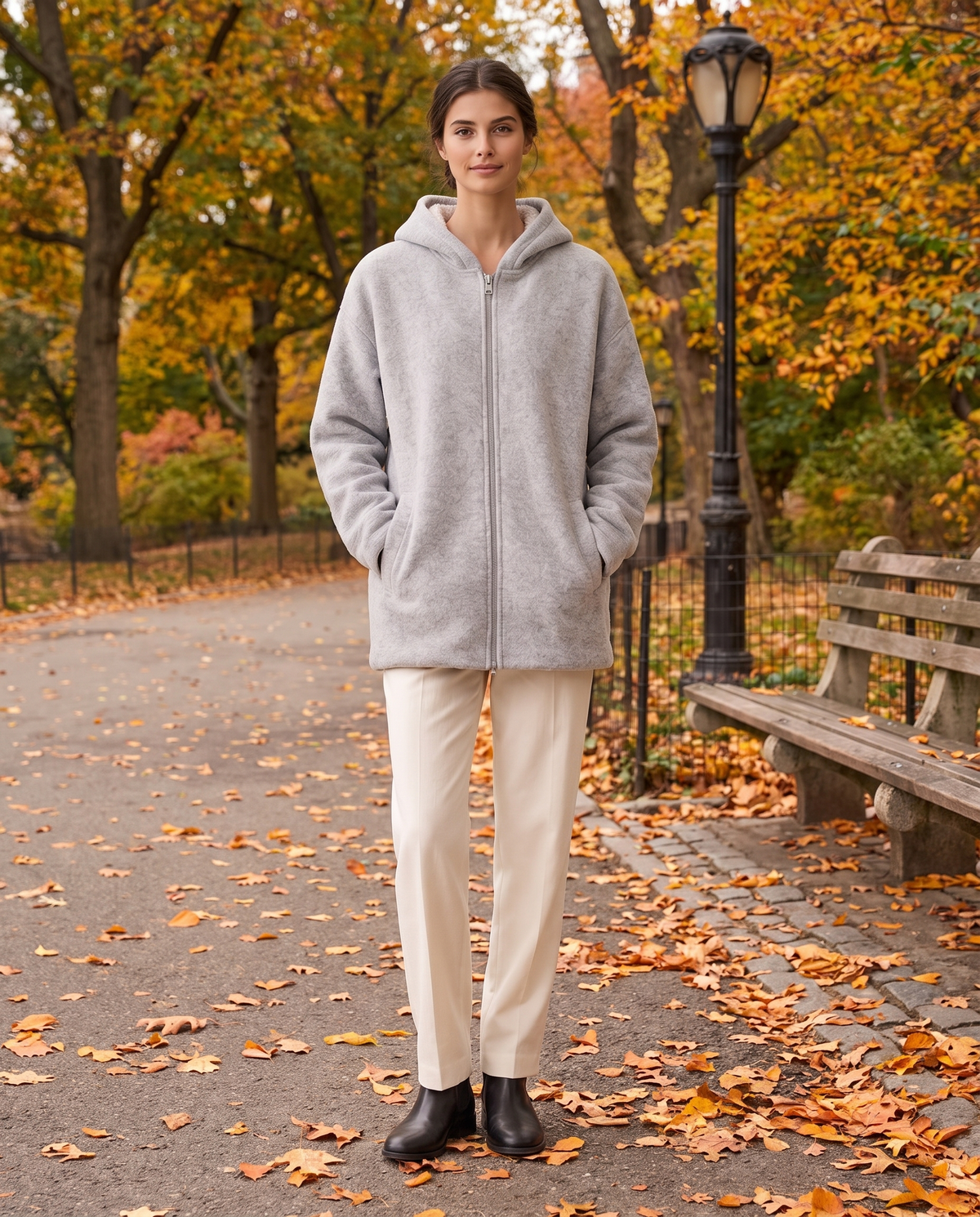 Oversized Hooded Fleece Jacket — worn in Central Park in autumn