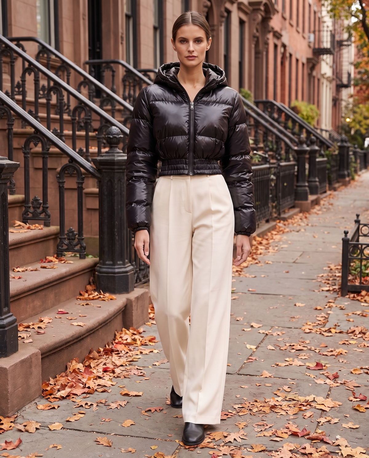 Glossy Cropped Puffer Jacket with Hood — worn on a New York street in autumn