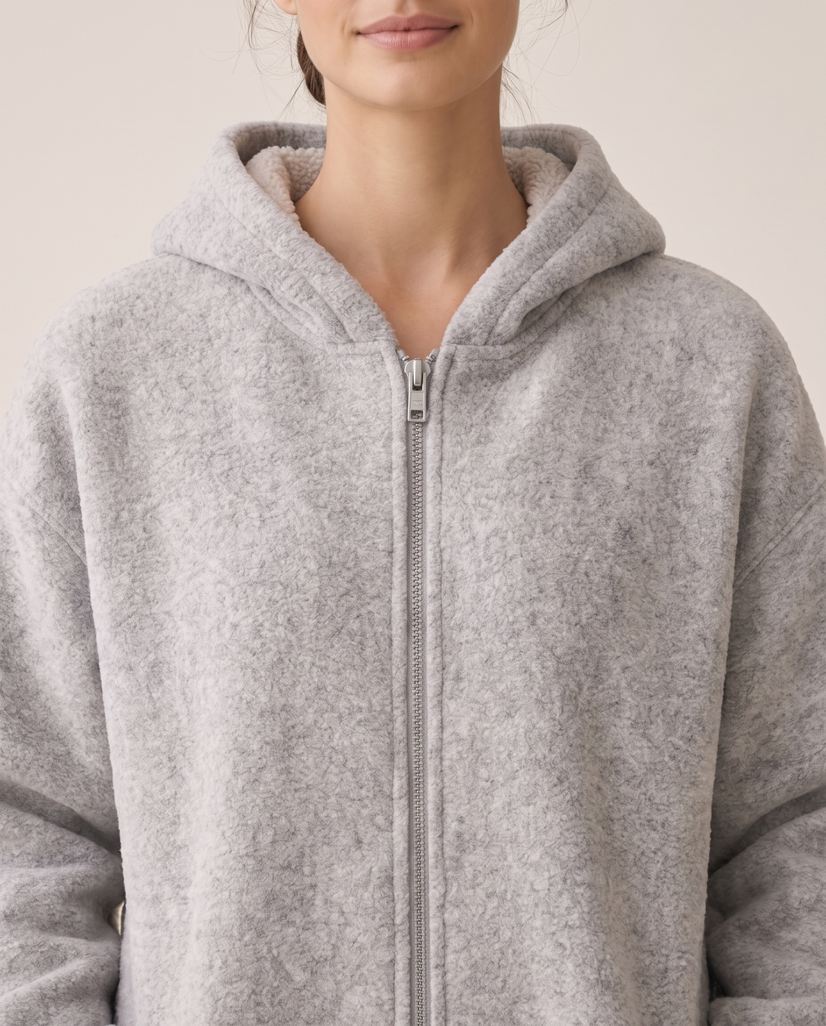 Oversized Hooded Fleece Jacket — hood and zip close-up