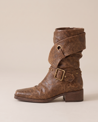 Distressed Ankle Boots with Buckle Straps — side profile