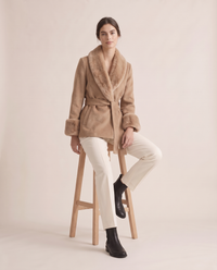 Wrap Coat with Removable Plush Collar — worn seated