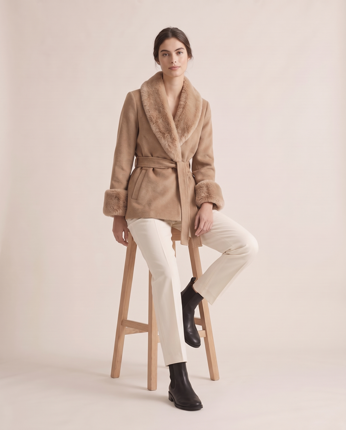 Wrap Coat with Removable Plush Collar — worn seated