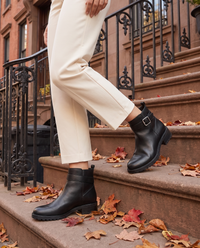 Leather Ankle Boots with Buckle and Side Zip — worn on a New York street in autumn