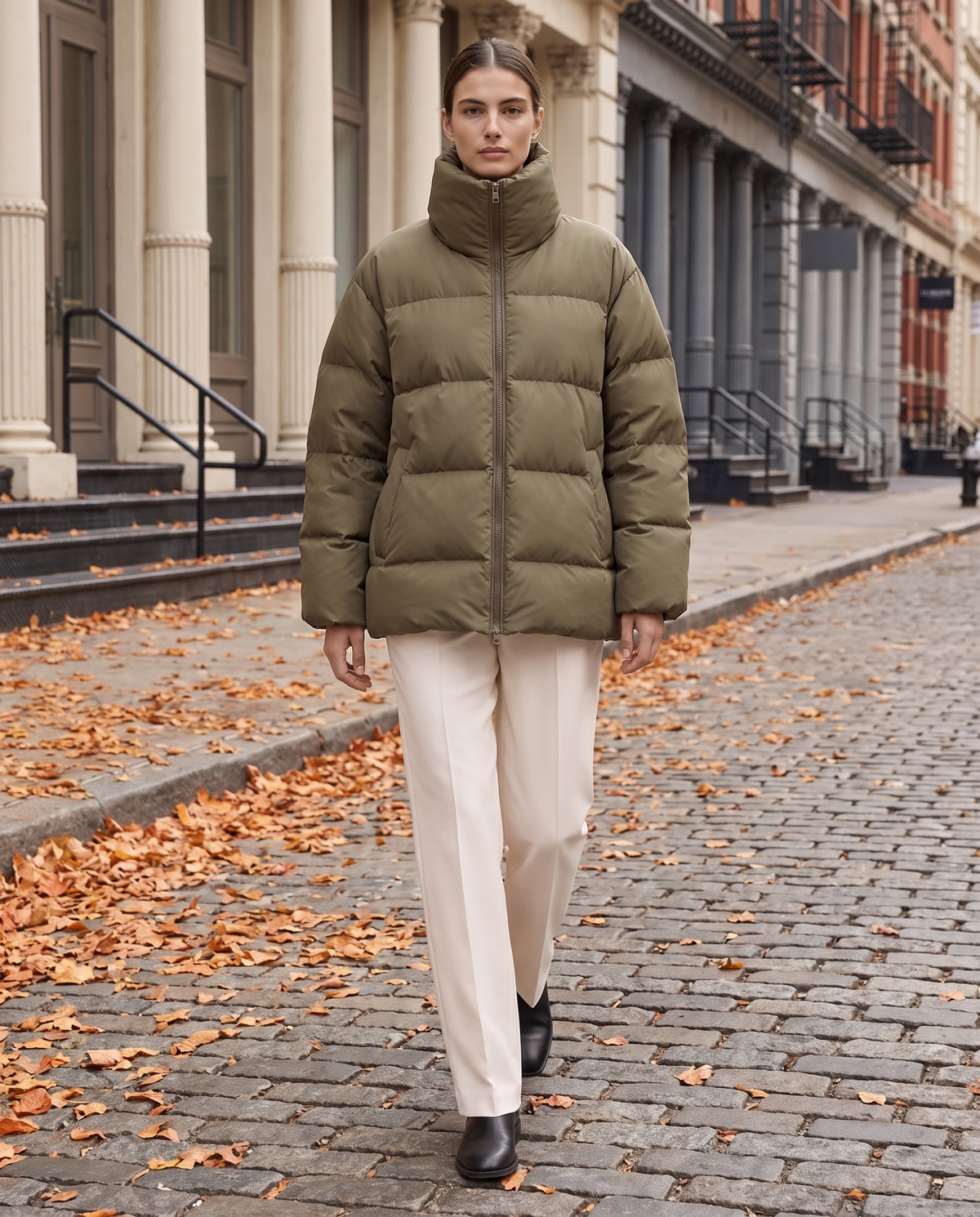 Oversized Quilted Puffer Jacket with Funnel Neck — worn on a New York street in autumn