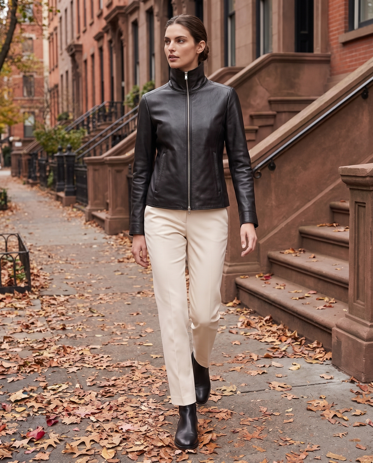 High-Neck Zip Leather Jacket for Women — worn on a New York street in autumn