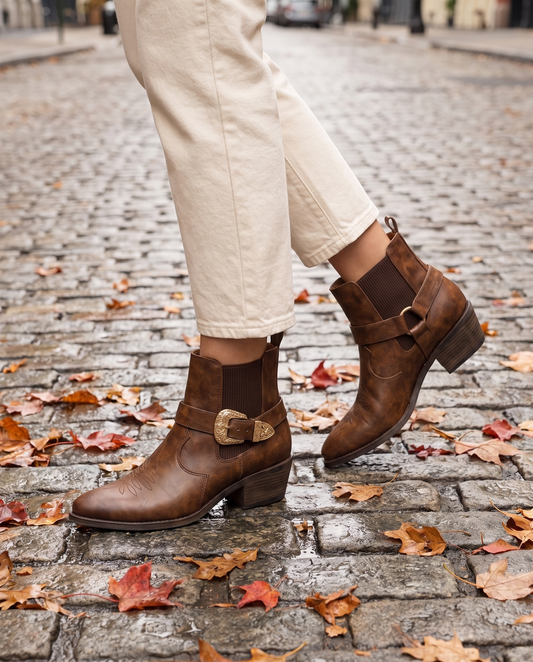 Western Buckle Ankle Boots in Burnished Brown — worn on a New York street in autumn