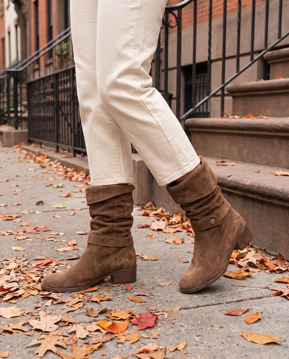 Suede Slouch Ankle Boots with Fold-Over Cuff — worn on a New York street in autumn
