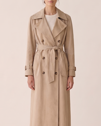 Belted Maxi Trench Coat for Women — lapels, buttons and belt detail