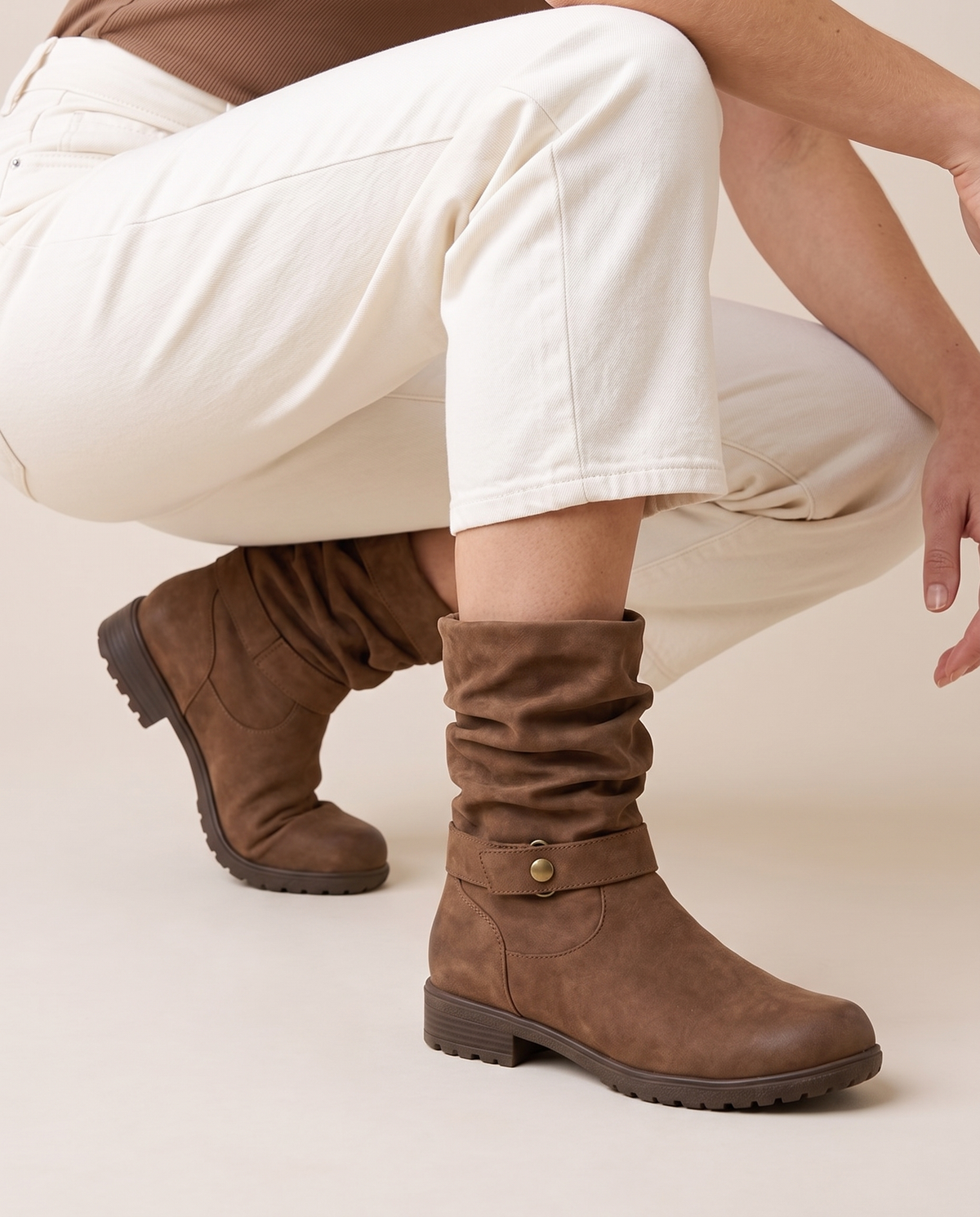 Slouchy Ankle Boots with Memory Foam Footbed — worn, crouching