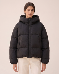 Oversized Hooded Puffer Jacket for Women — hood and quilting, worn