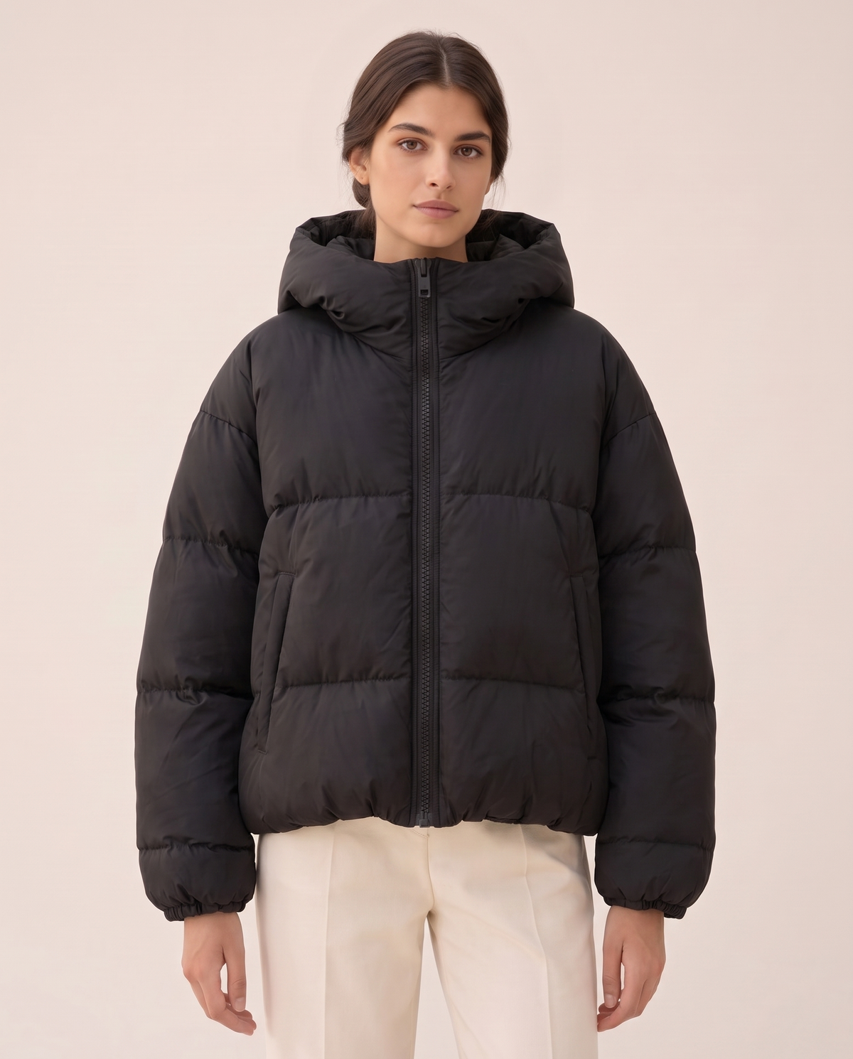 Oversized Hooded Puffer Jacket for Women — hood and quilting, worn