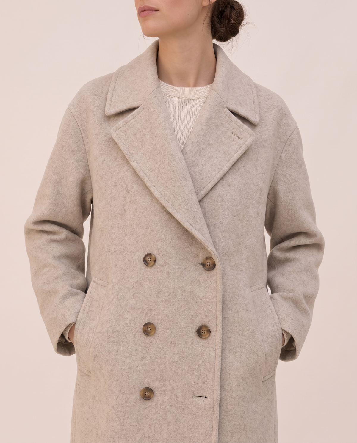 Long Double-Breasted Overcoat for Women — lapels and pockets, worn