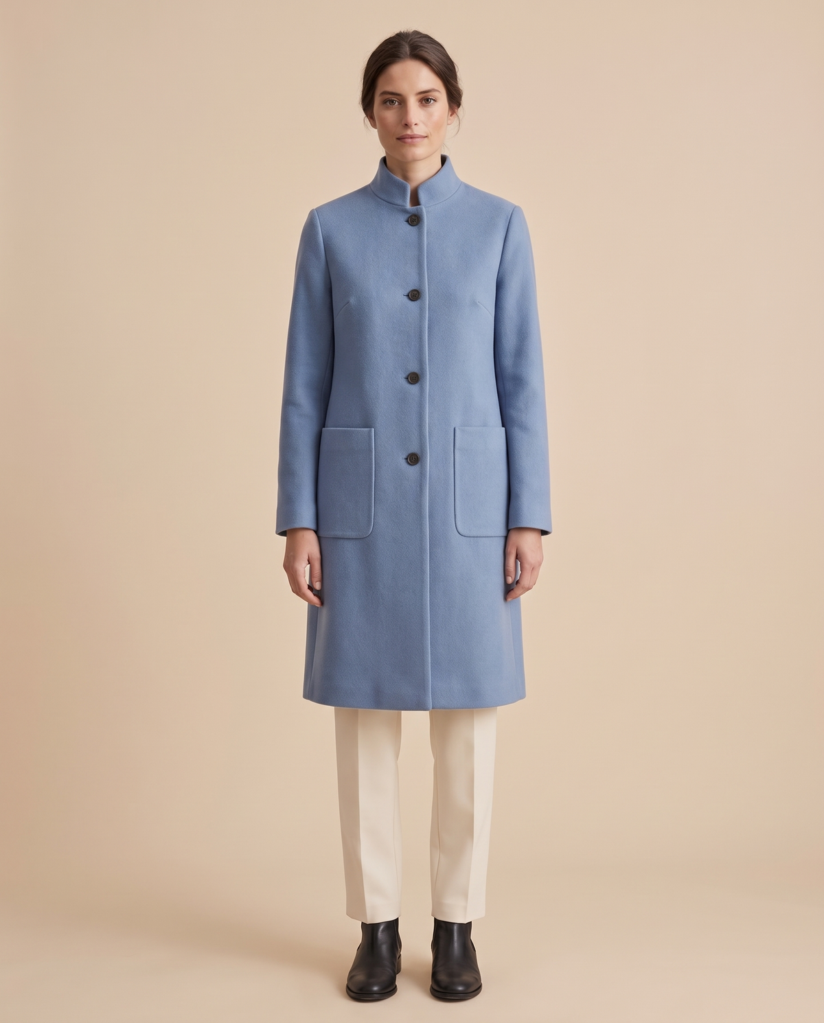 Stand-Collar Wool-Blend Coat with Pockets — blue