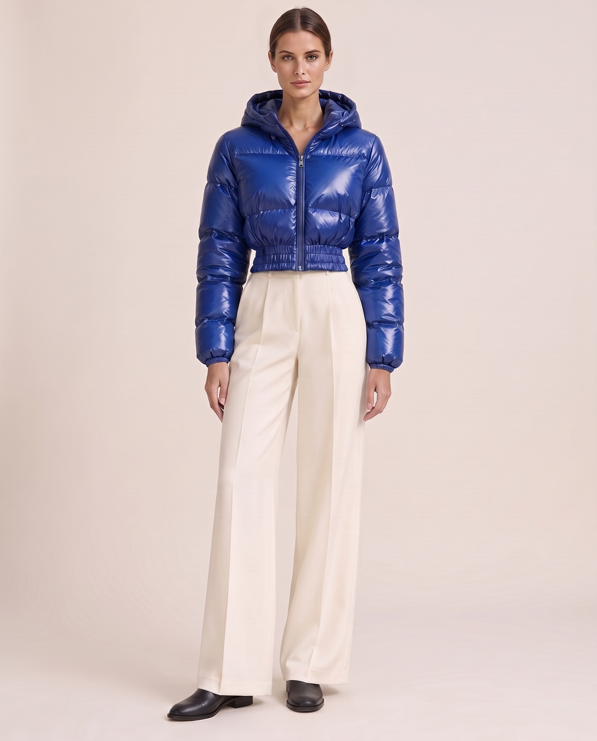 Glossy Cropped Puffer Jacket with Hood — blue