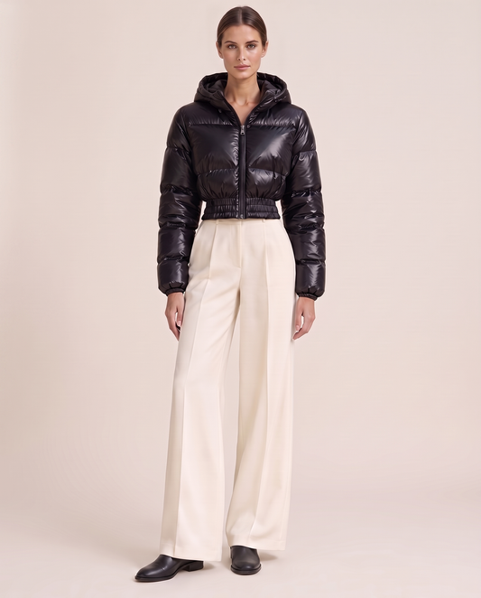 Glossy Cropped Puffer Jacket with Hood — studio front