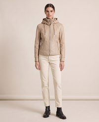 Hooded Leather Jacket for Women — beige, studio front