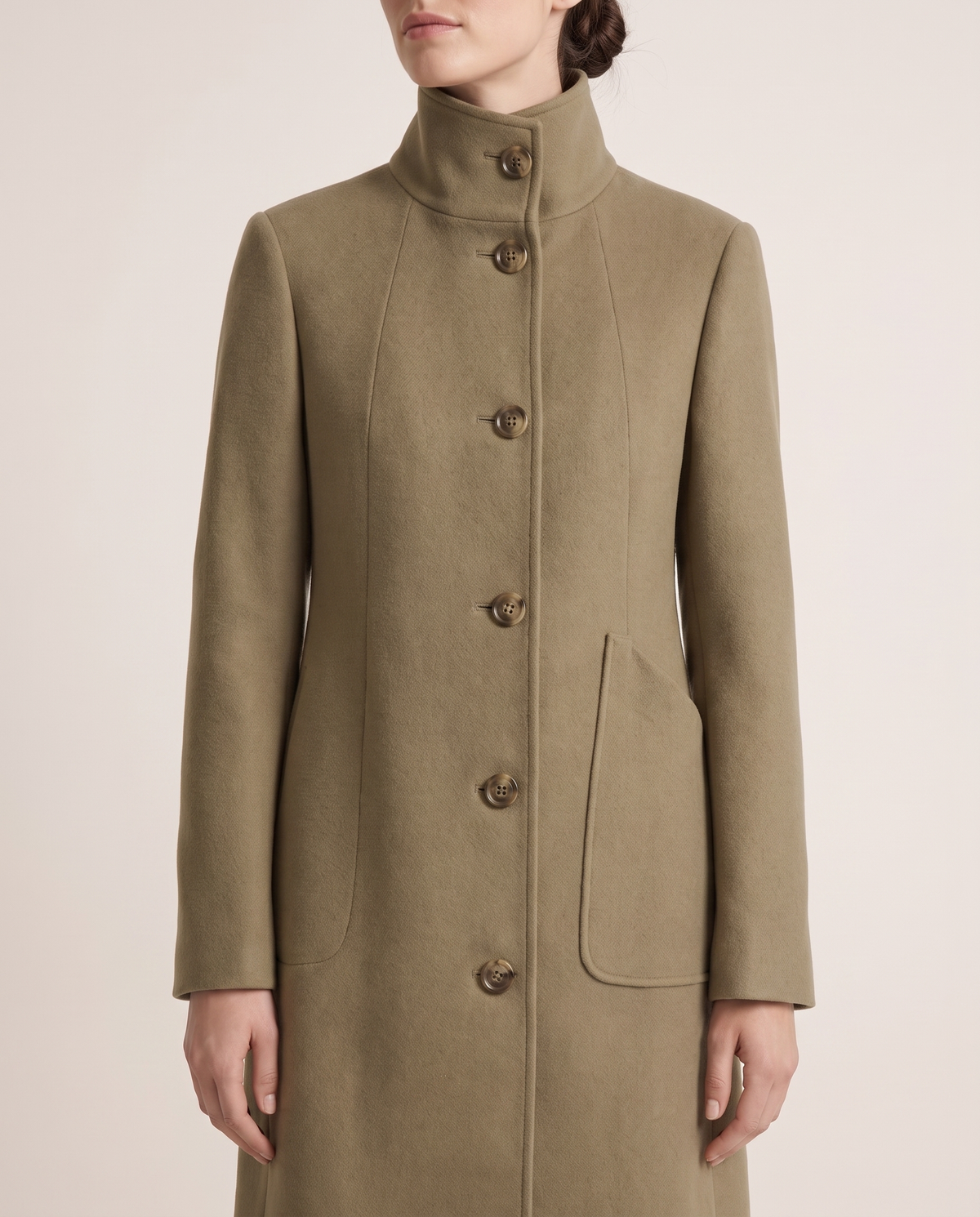 Women's Stand-Collar Coat with Deep Pockets — collar and pockets, worn