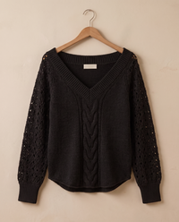 Ischia Relaxed Off-Shoulder Cable Knit V-Neck Sweater — on hanger