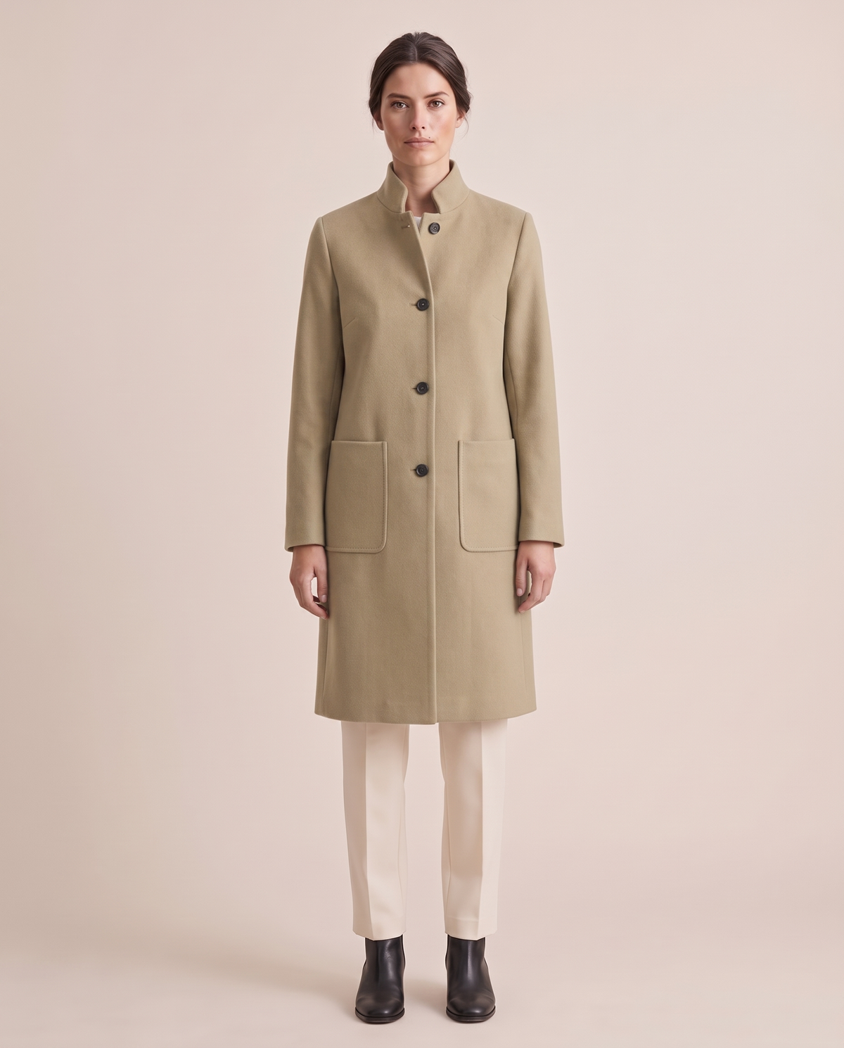 Stand-Collar Wool-Blend Coat with Pockets — khaki