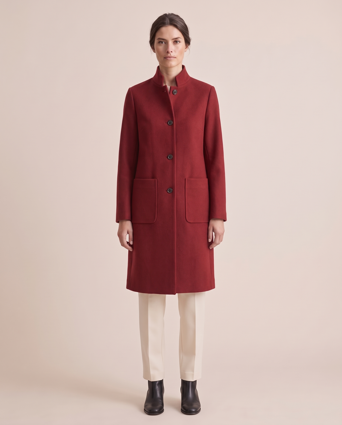 Stand-Collar Wool-Blend Coat with Pockets — red