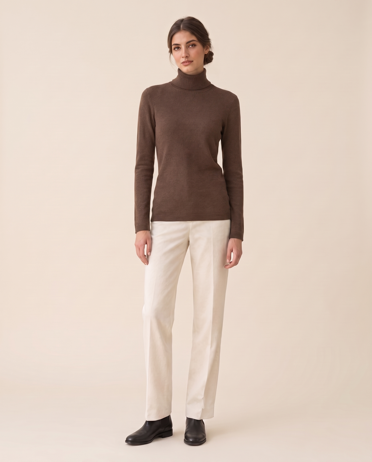 Merano Classic Solid Knit Turtleneck Sweater — Coffee
