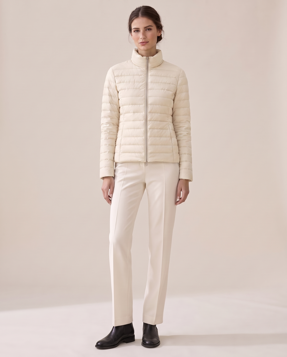 Lightweight Quilted Jacket with Stand Collar — Off White