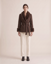Wrap Coat with Removable Plush Collar — Coffee