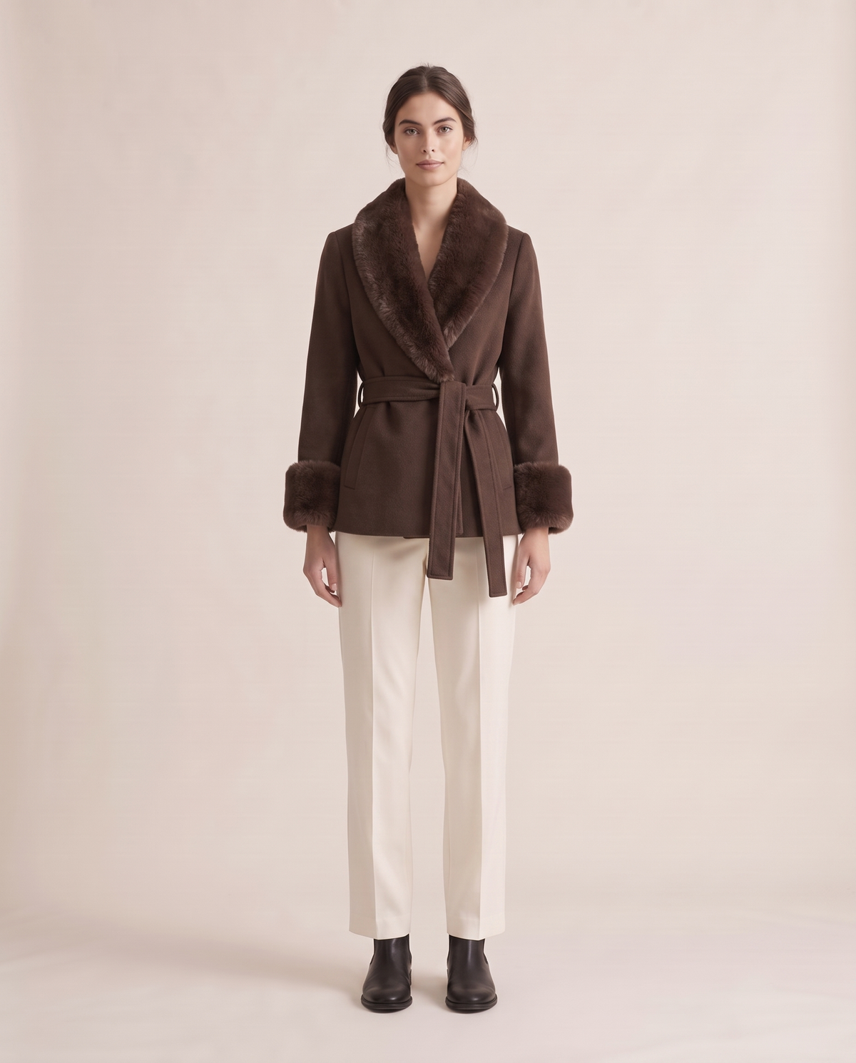Wrap Coat with Removable Plush Collar — Coffee