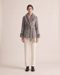Wrap Coat with Removable Plush Collar — Gray