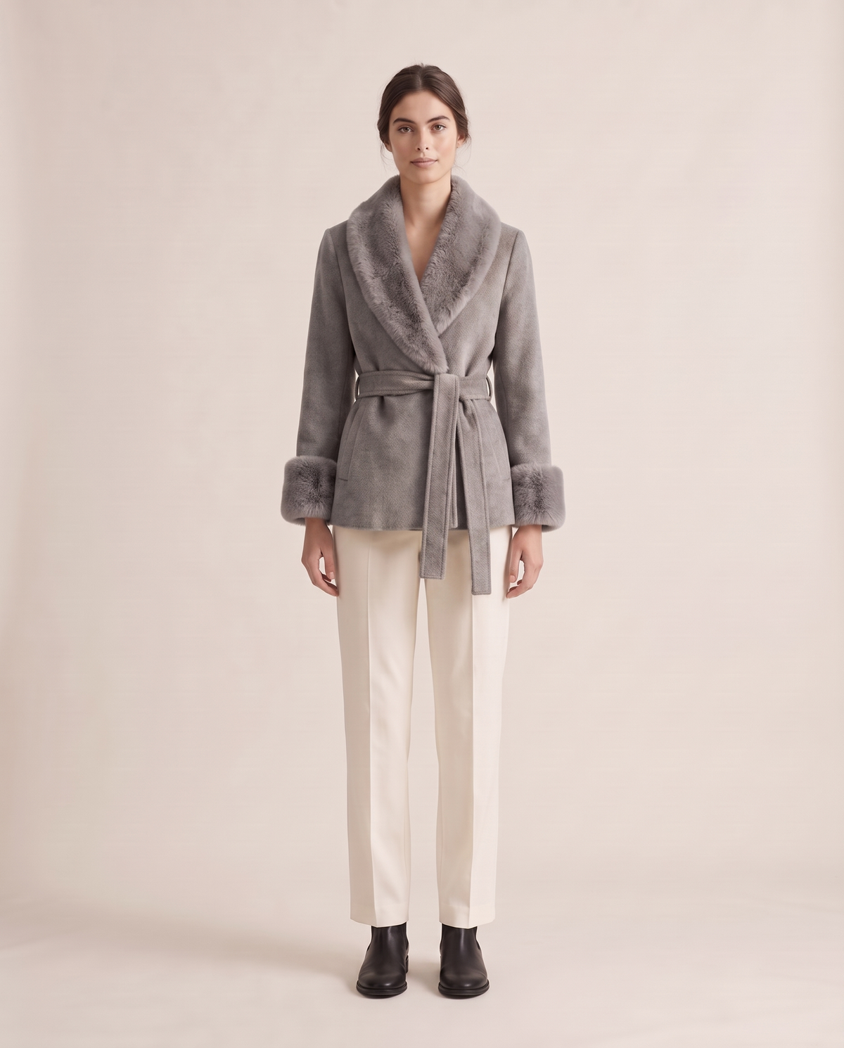 Wrap Coat with Removable Plush Collar — Gray