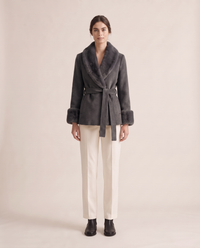 Wrap Coat with Removable Plush Collar — Dark Gray
