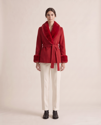 Wrap Coat with Removable Plush Collar — Red