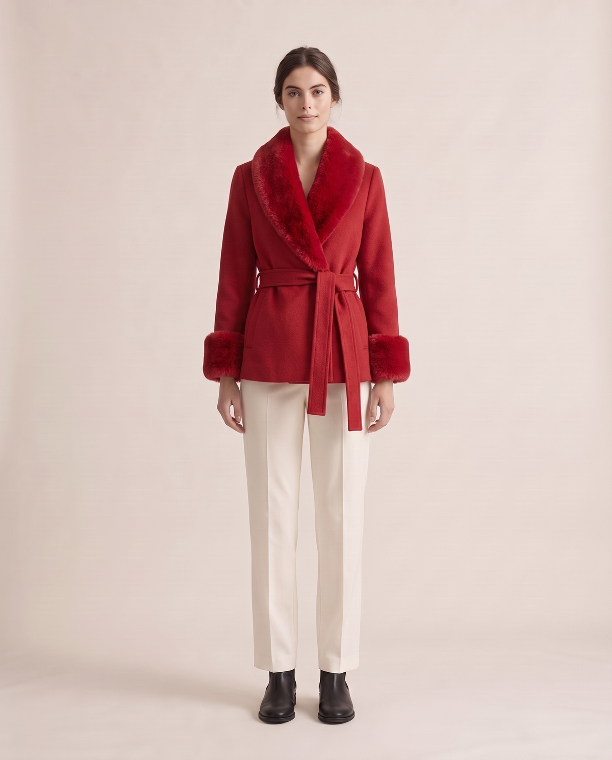 Wrap Coat with Removable Plush Collar — Red