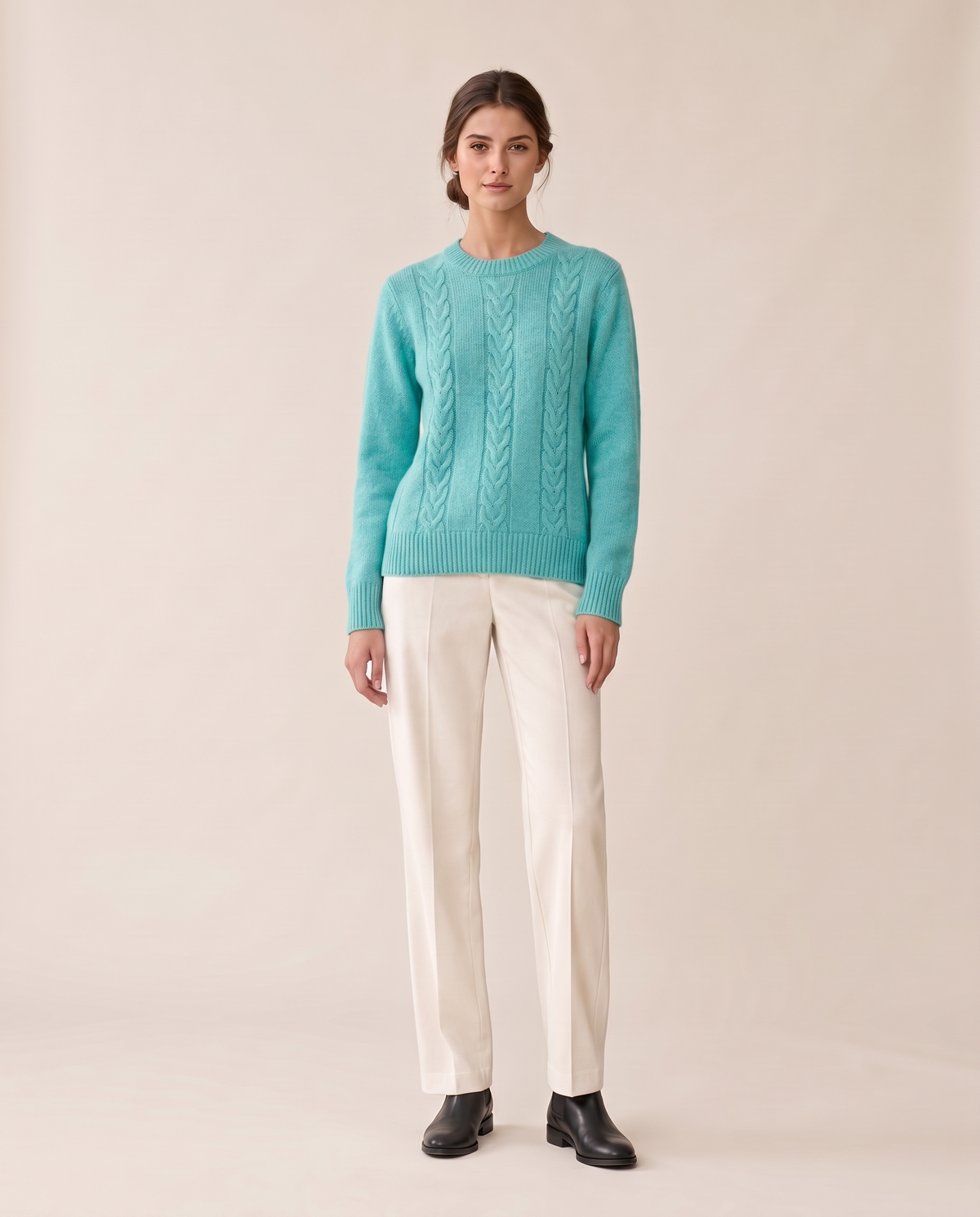 Favignana Classic Cable Knit Crew Neck Sweater — Turquoise