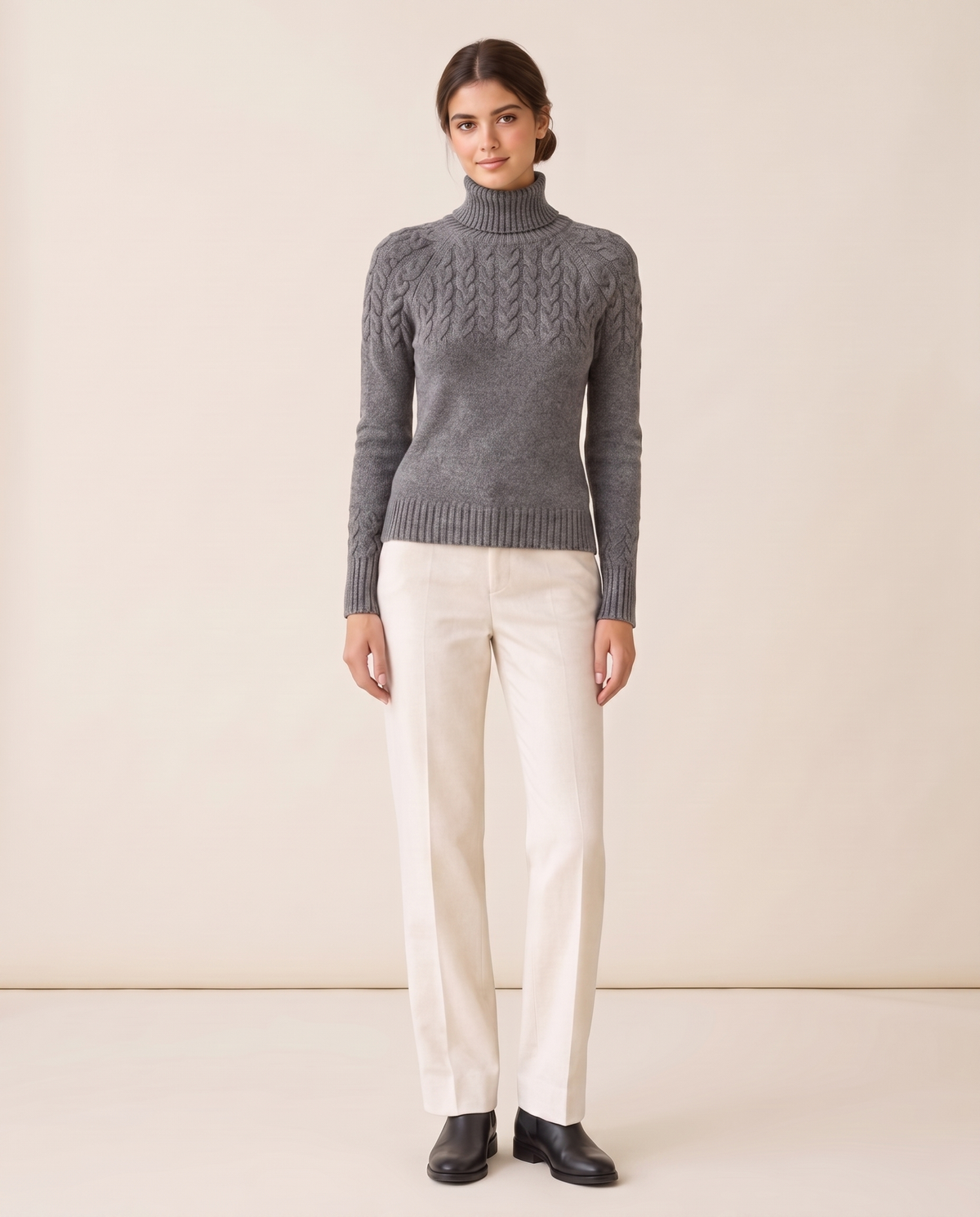 Gloucester Warm Cable Knit Ribbed Turtleneck Sweater — Gray