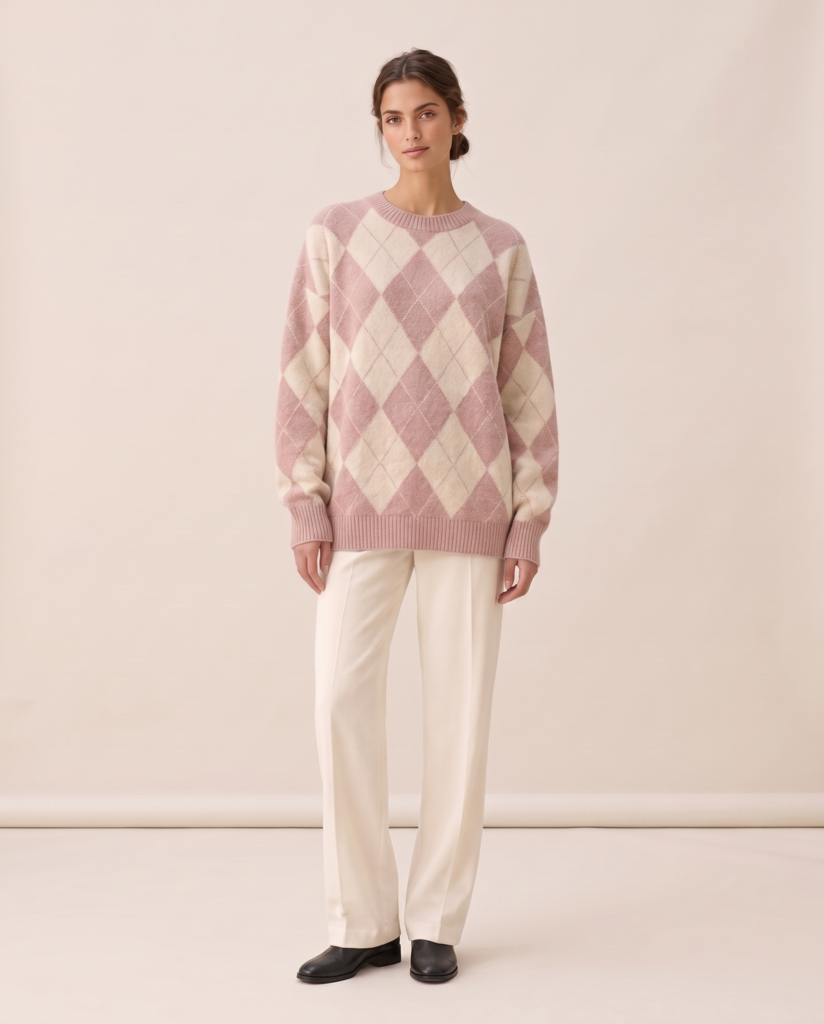 Lantern Oversized Argyle Drop-Shoulder Crew Neck Sweater — Pink