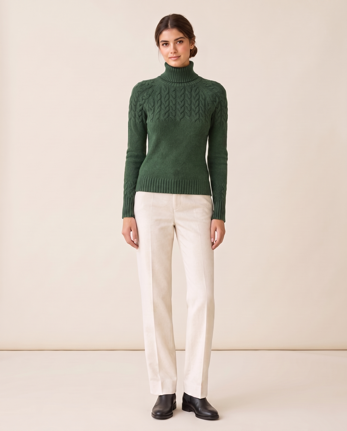 Gloucester Warm Cable Knit Ribbed Turtleneck Sweater — Green