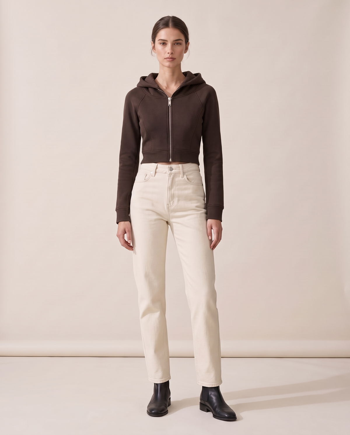 Double-Layer Hooded Zip Jacket — Coffee