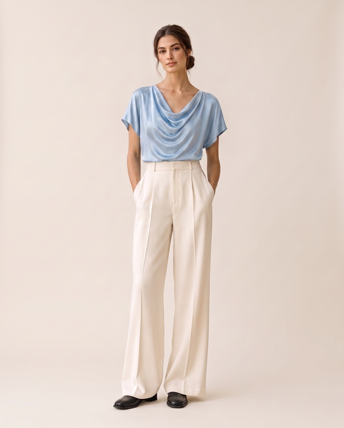 Uinta Elegant Draped Cowl Neck Top — Light Blue