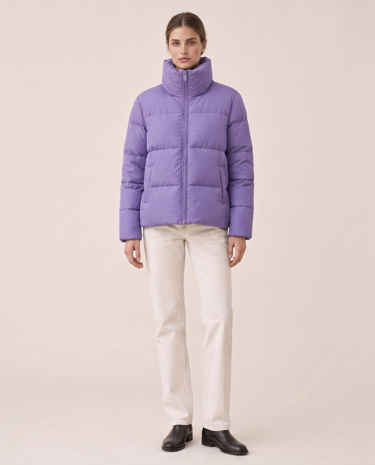 Classic Padded Puffer Jacket with Zip Front — Purple