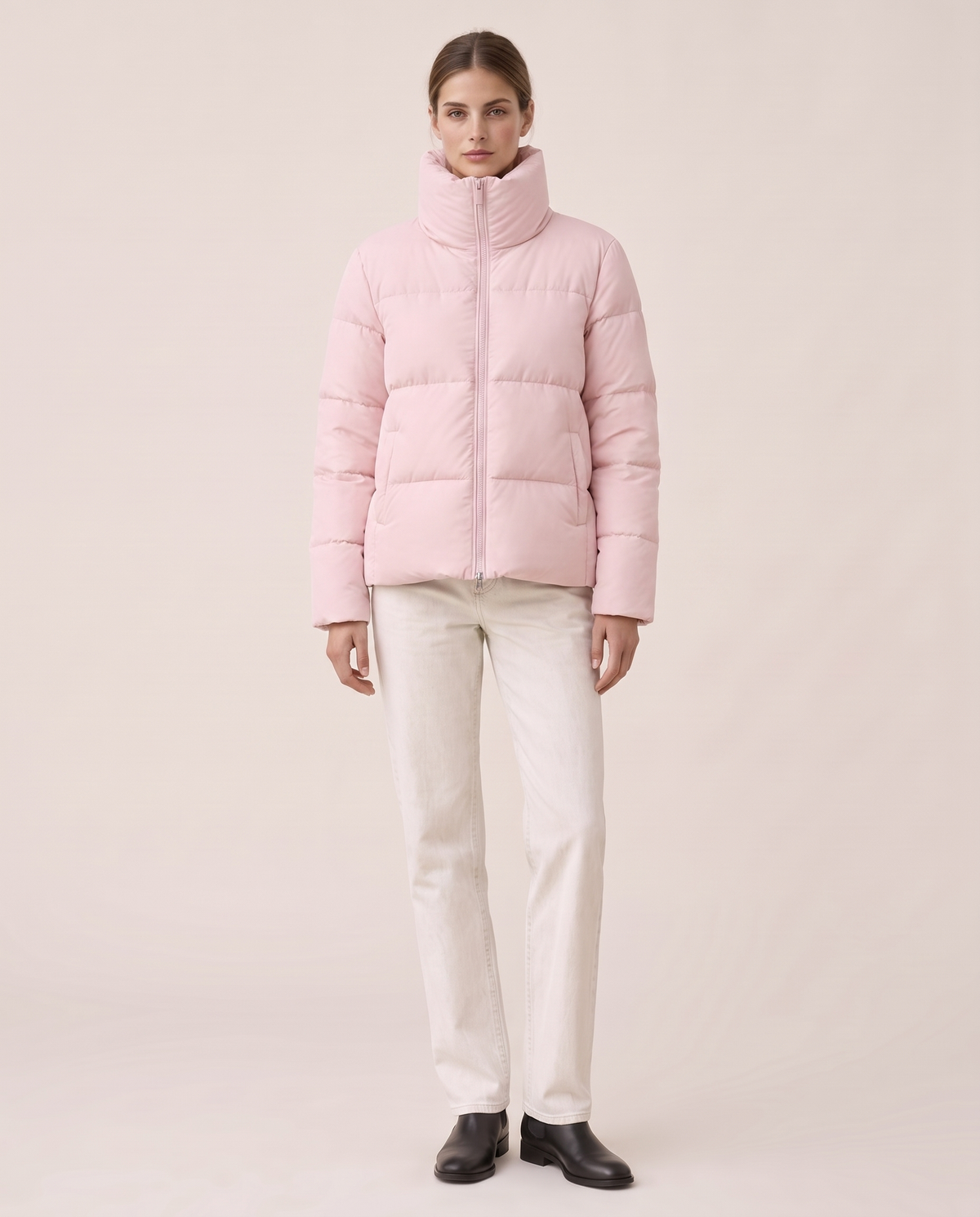 Classic Padded Puffer Jacket with Zip Front — Pink