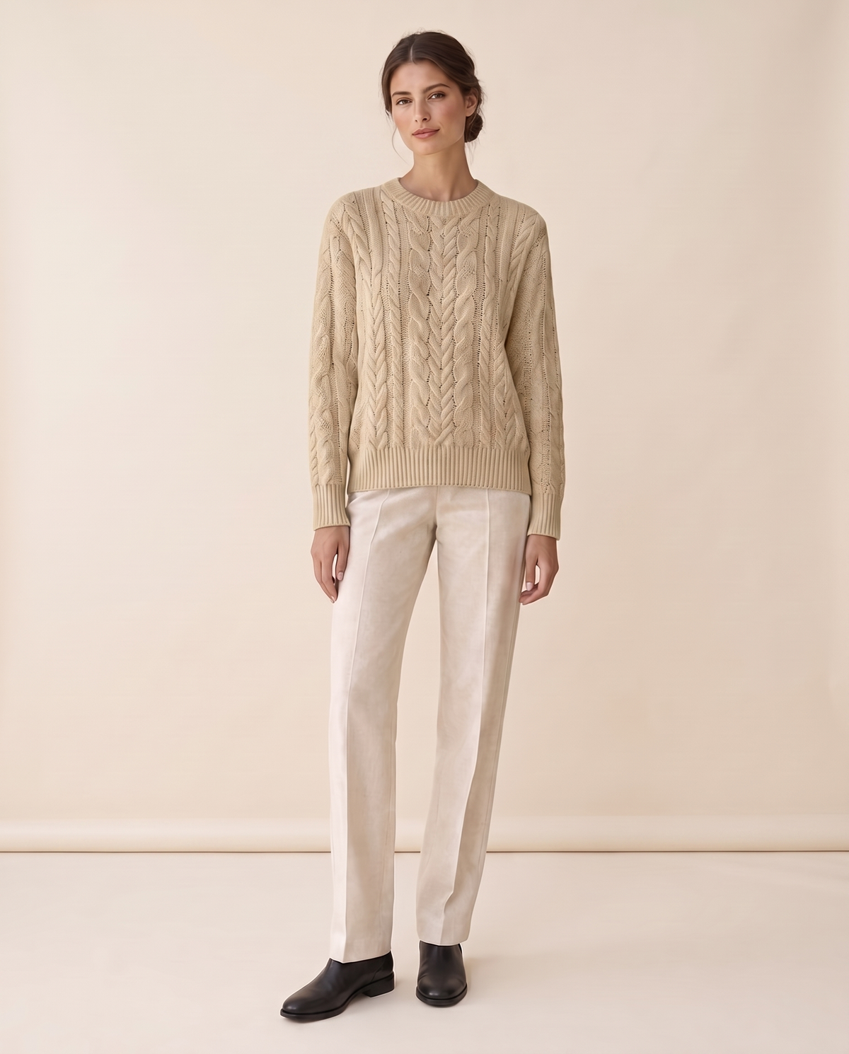 Marettimo Classic Cable Knit Pullover Sweater — Khaki