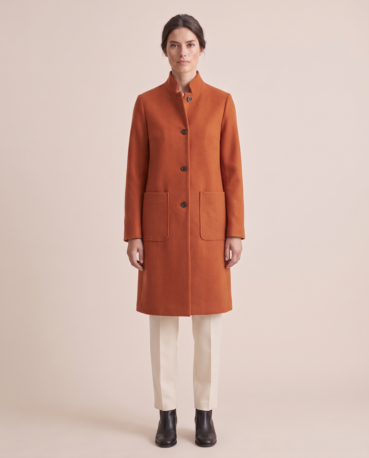 Stand-Collar Wool-Blend Coat with Pockets — Orange