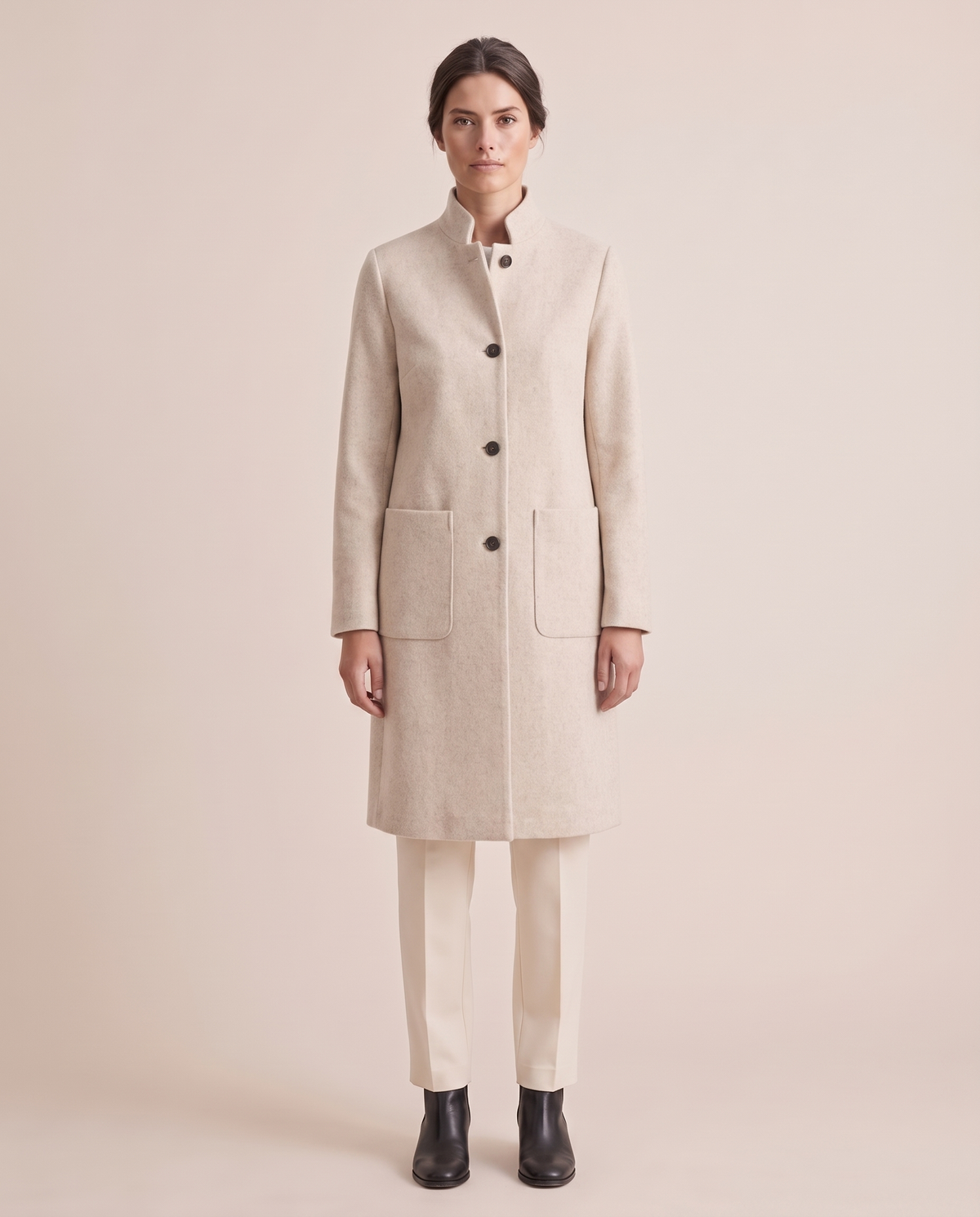 Stand-Collar Wool-Blend Coat with Pockets — Beige