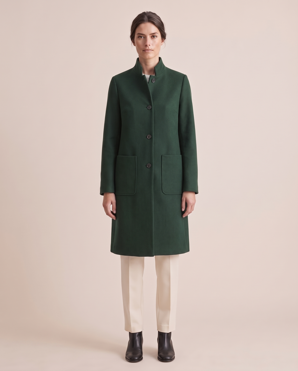 Stand-Collar Wool-Blend Coat with Pockets — Green