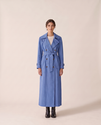 Belted Maxi Trench Coat for Women — Blue