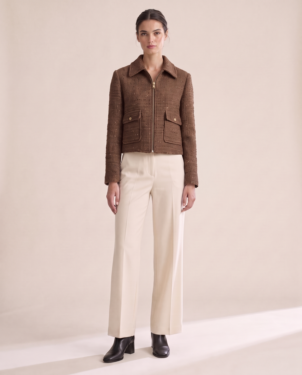Tweed Zip Jacket for Women — Brown