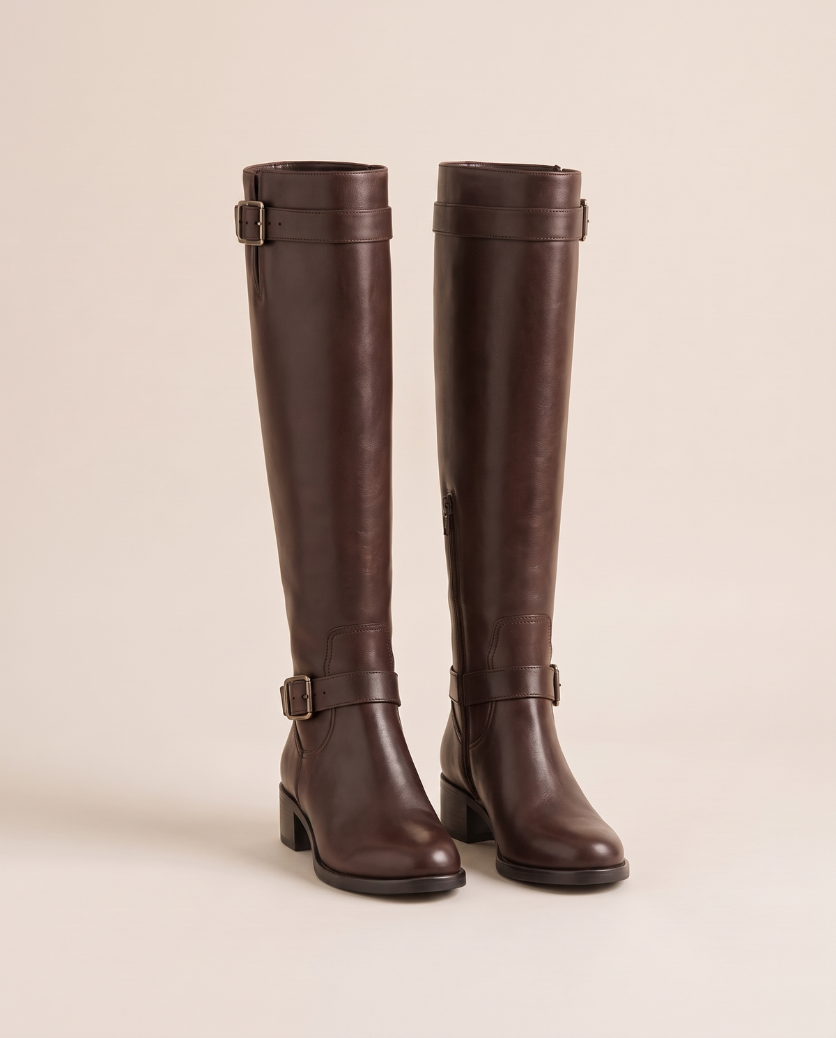 Knee-High Riding Boots with Buckle Straps and Low Block Heel — Dark Brown